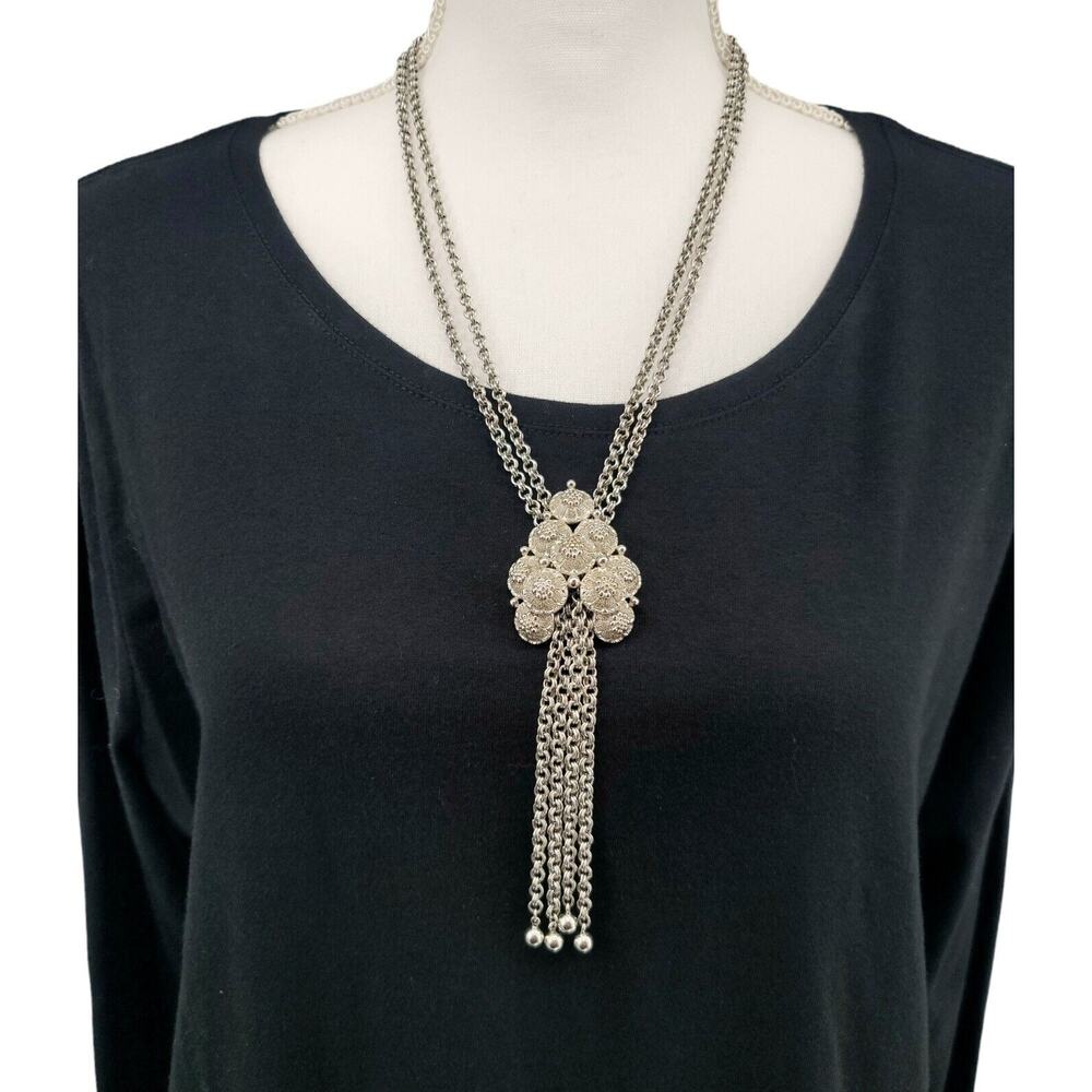 Vintage Crown Trifari Lariat Necklace Silver Tone Double Strand‎ Pendant Dangle